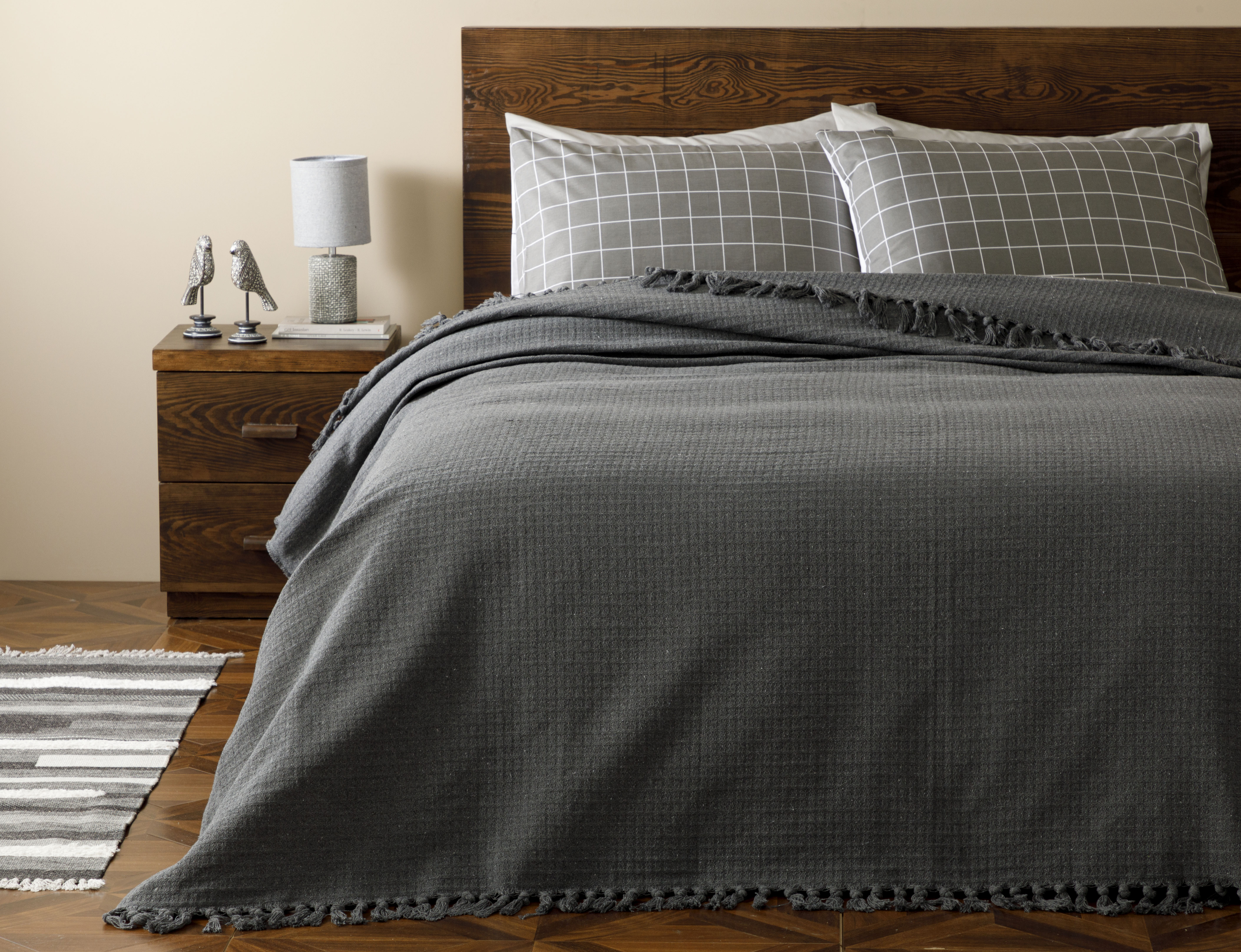 Plaid Cotton Double Bed Cover 240x260 Cm Dark Gray