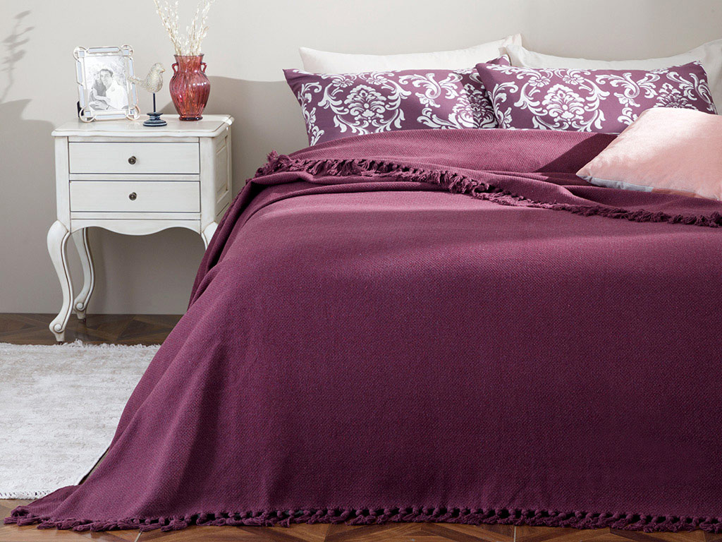 Crimped Woven Double Bed Cover 240x260 Cm Plum