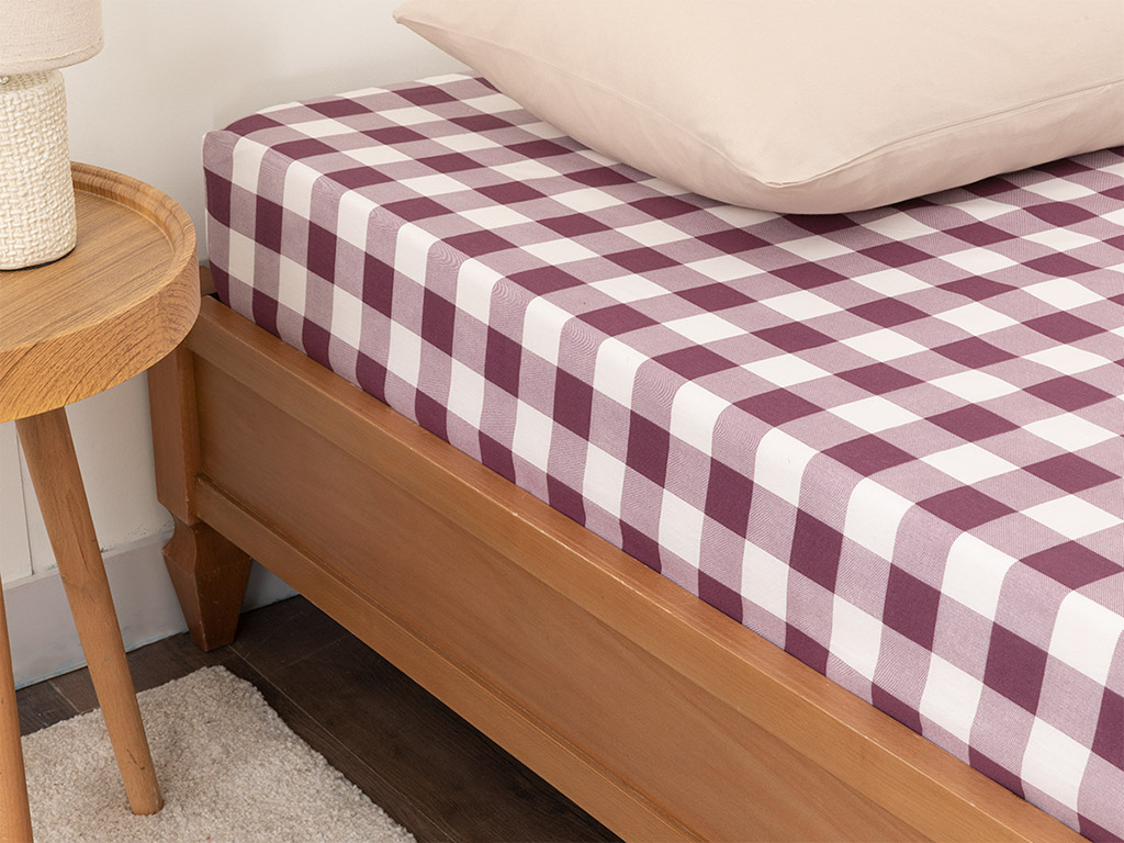Gingham Cottony Double Person FITTED SHEET 160x200 Cm Damson