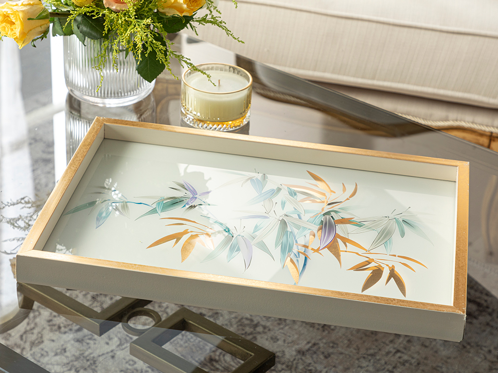 Bamboo Glass Decorative Tray 31x46 Cm Cream-Golden