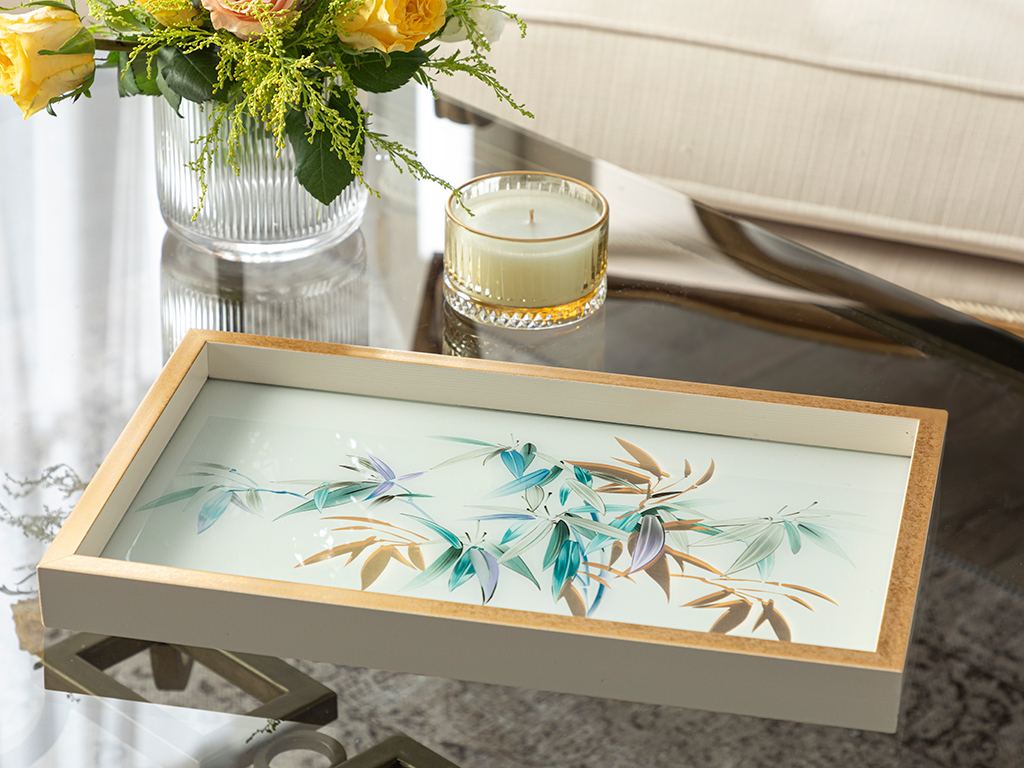 Bamboo Glass Decorative Tray 22x37 Cm Cream-Golden