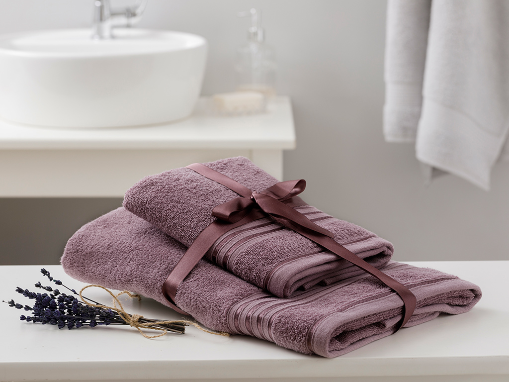 Romantic Stripe Filoselle Bath Towel Set 50x85cm + 70x150cm Damson