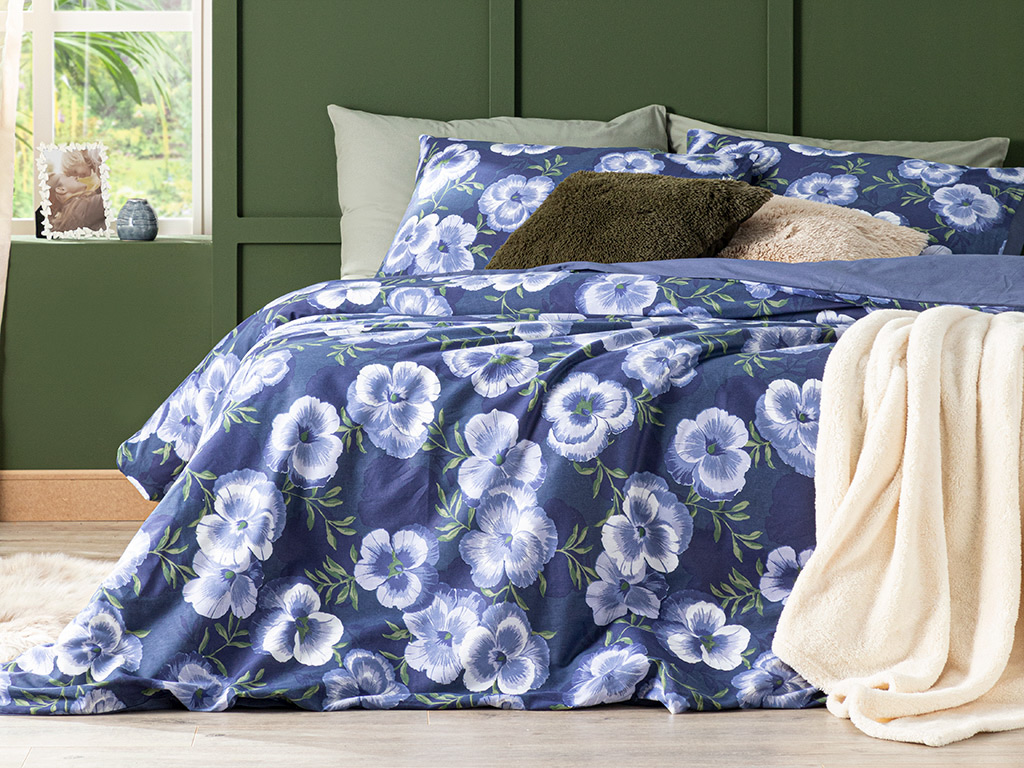 Pansy Bloom Cottony For One Person DUVET COVER SET PACK 160x220 Cm Dark Blue.