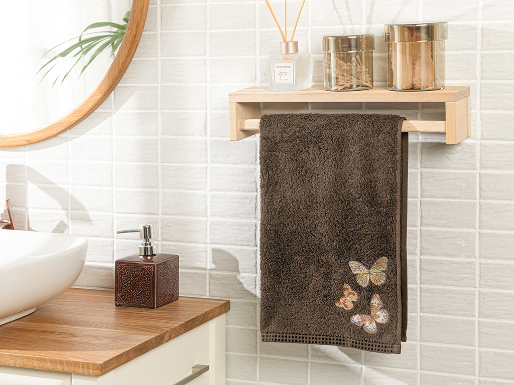 Butterfly Love Embroidered FACE TOWEL 50x80 Cm Brown,
