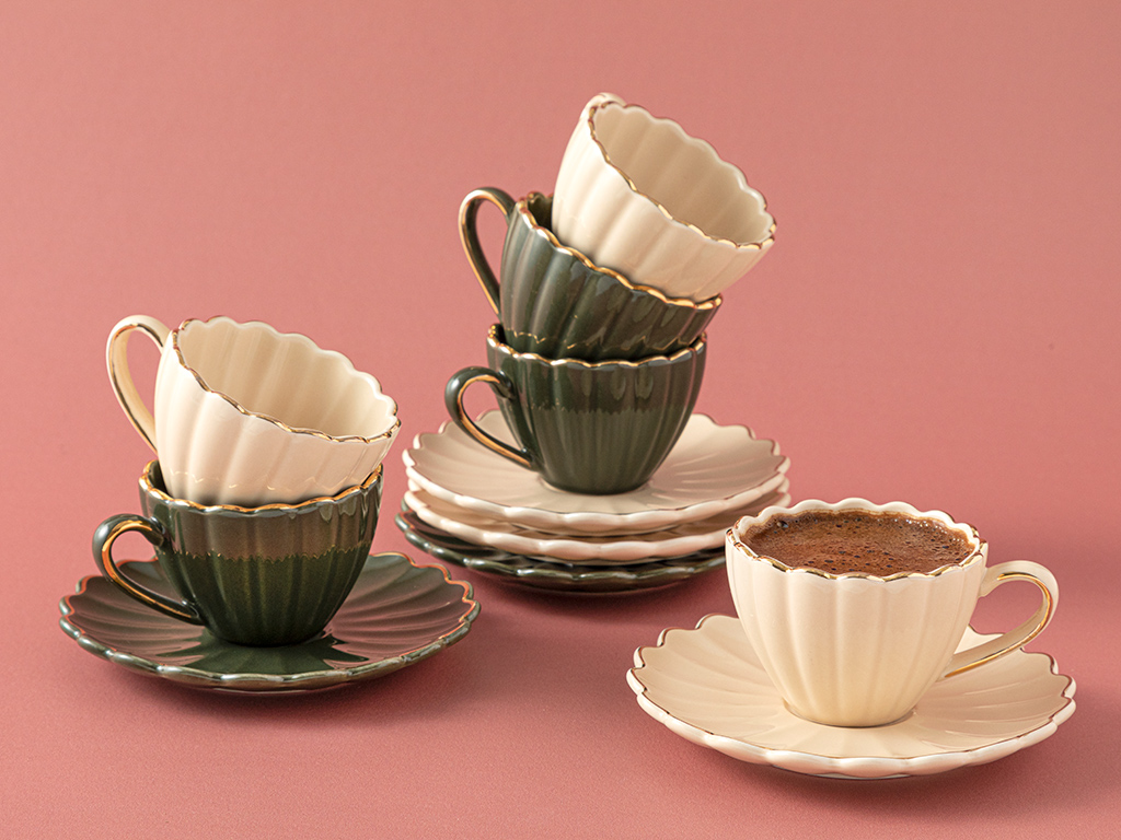 Maria Porcelain 6 Set COFFEE CUP SET 90 Ml Beige-Green