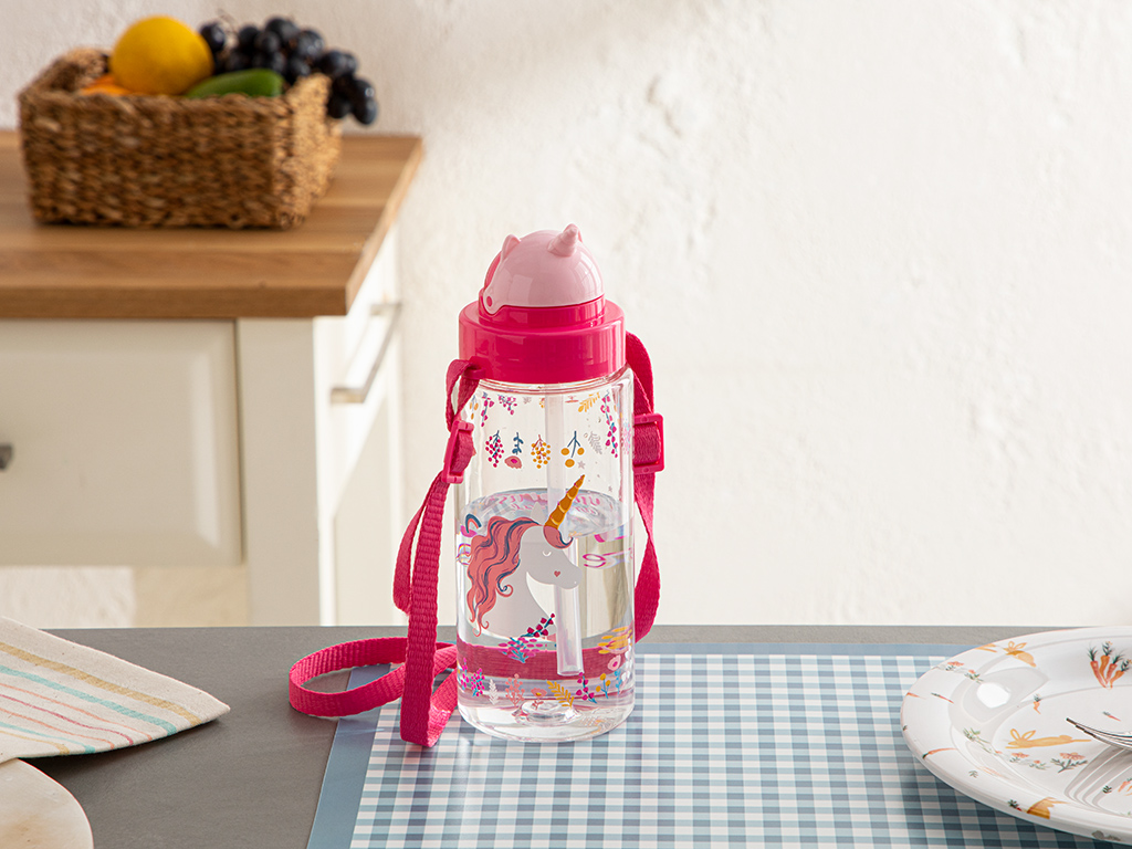 Unicorn Strappy Kids Water Bottle 500 Ml Pink