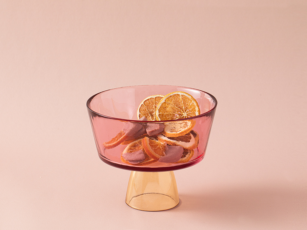 Unique Glass With Feet Presentation Bowl 16 Cm Pink-Orange