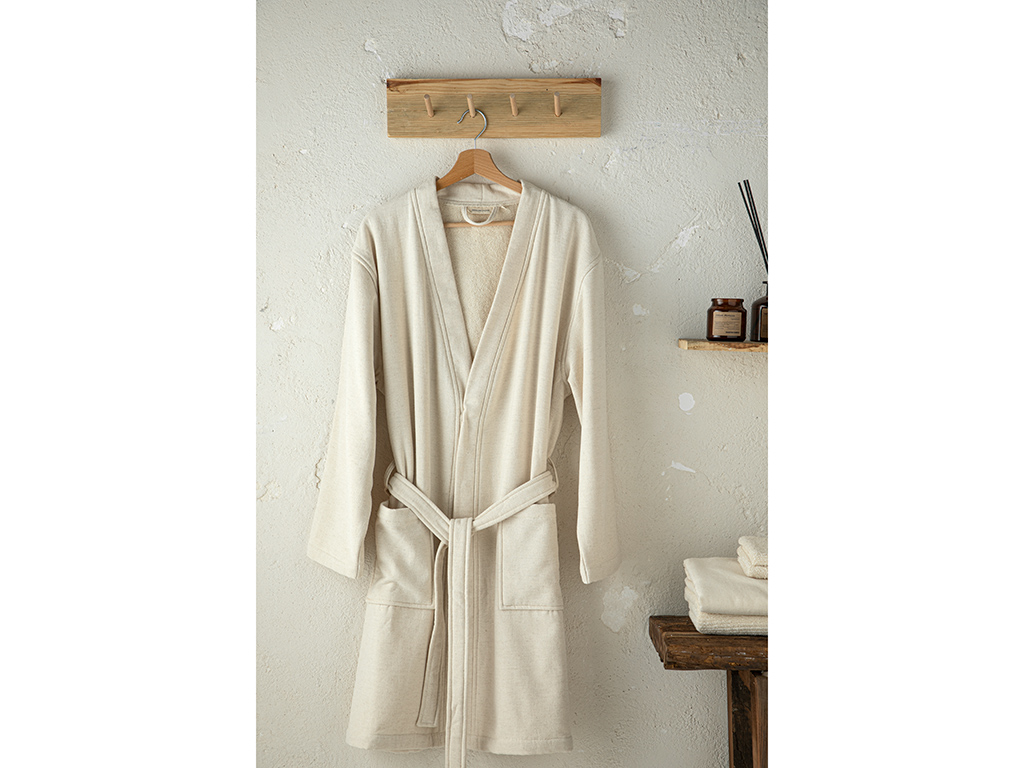 Natural Cotton & Linen Kimono BATHROBE S-M Beige