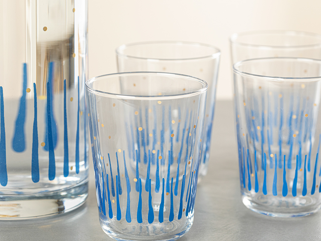 Coastal Stripe Glass 5 Pieces JUG AND GLASSES SET 1260 Ml Dark Blue