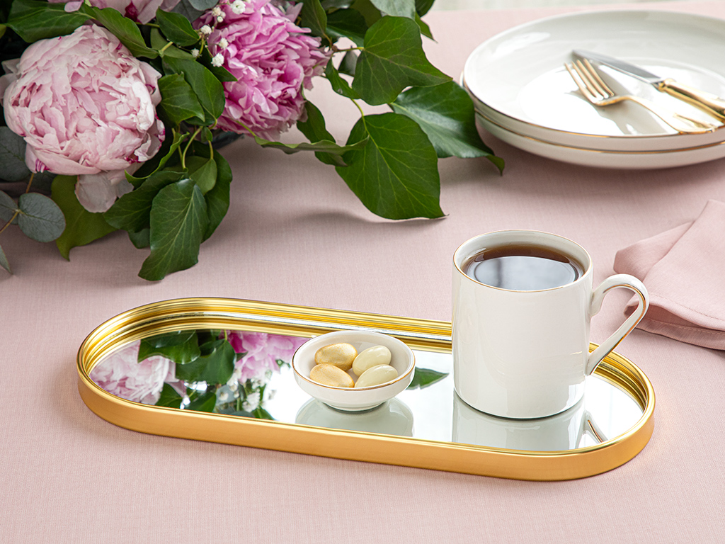 Shaped Metal With Mirror Tray 30x12 Cm Gold