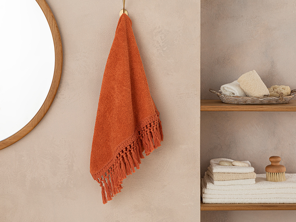 Eaves Cottony Fringed Face Towel 50x70 Cm Brick Red
