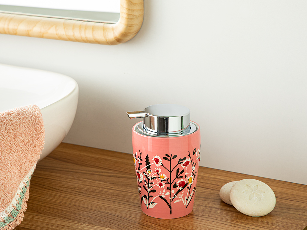 Flowery Liquid Soap Dispenser 8,5x8,5x13 Cm Pink