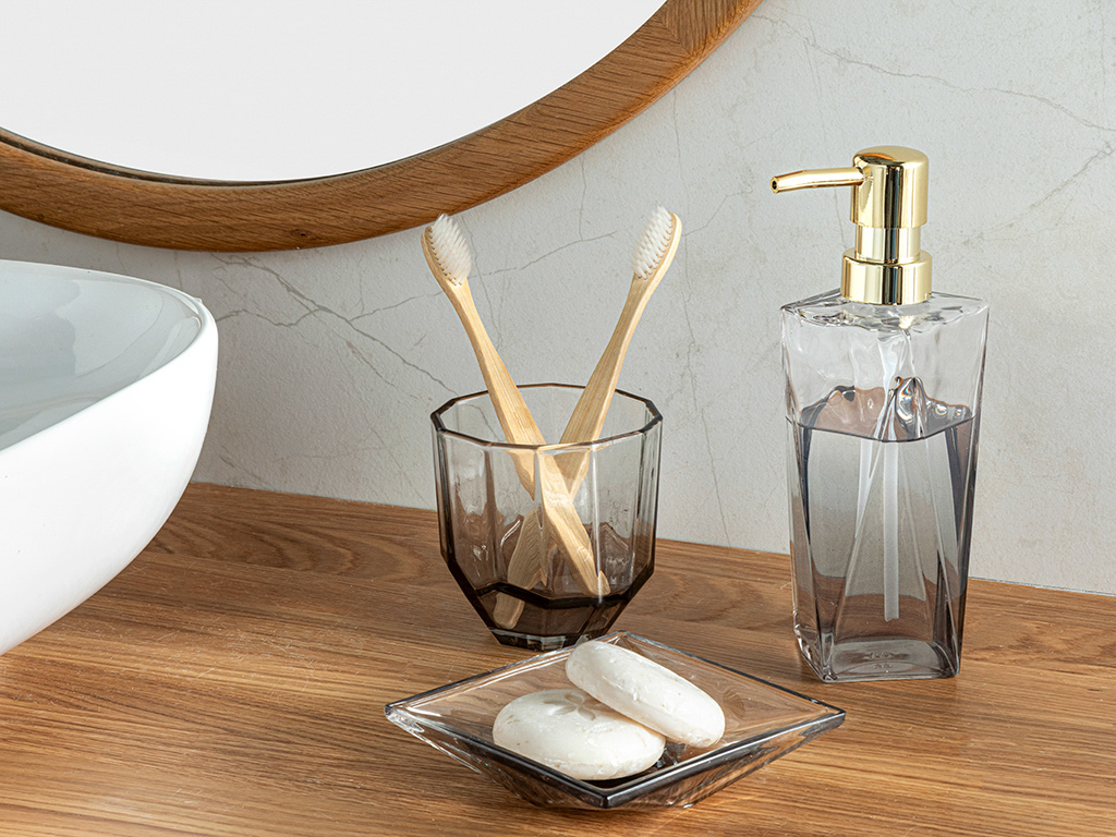 Andrea Glass 3 Set Bathroom Set 9x8x20+9x9+11,5x2 Cm Transparent