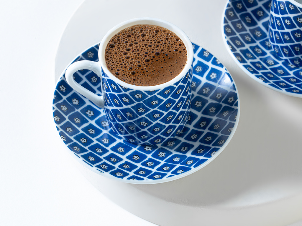 Blue Daisy Porcelain 4 Pieces 2 Servings Coffee Cup Set 80 Ml Navy Blue