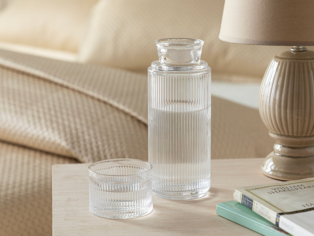 Striped Glass Bedside Water Bottle 730 Ml Transparent