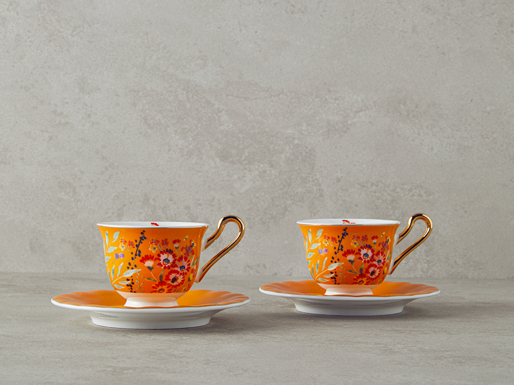 Miranda New Bone China 4 Pieces 2 Servings Coffee Cup Set 90 Ml Orange,