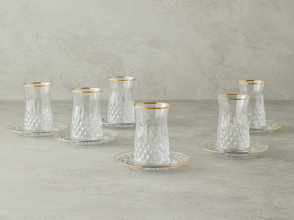 Aura Glass 12 Pieces 6 Servings Tea Set 170 Ml Gold