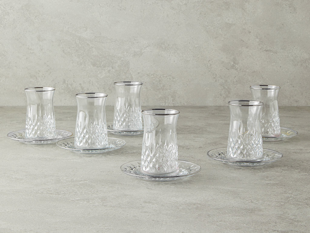 Aura Glass 12 Pieces 6 Servings Tea Set 170 Ml Silver