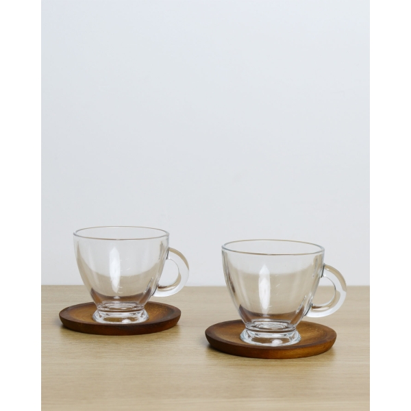 Miya Glass With Wooden Plate 4-Piece 2 Servings Tea Cup Set 255 Ml Transparent
