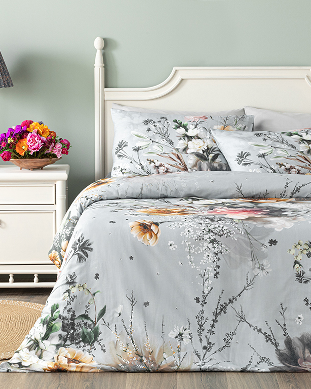 Flower Heaven Soft Cotton With Digital Print Double Size Duvet Cover Set 200x220 Cm Gray