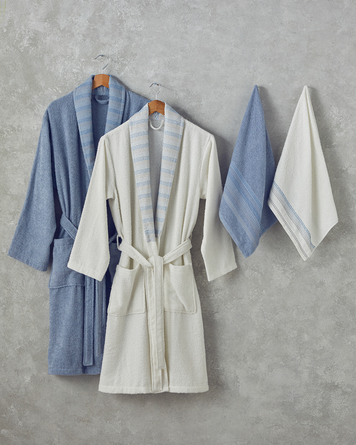 Wolin Cotton Polyester Bordered Bathrobe Set S-M & L-XL White - Blue