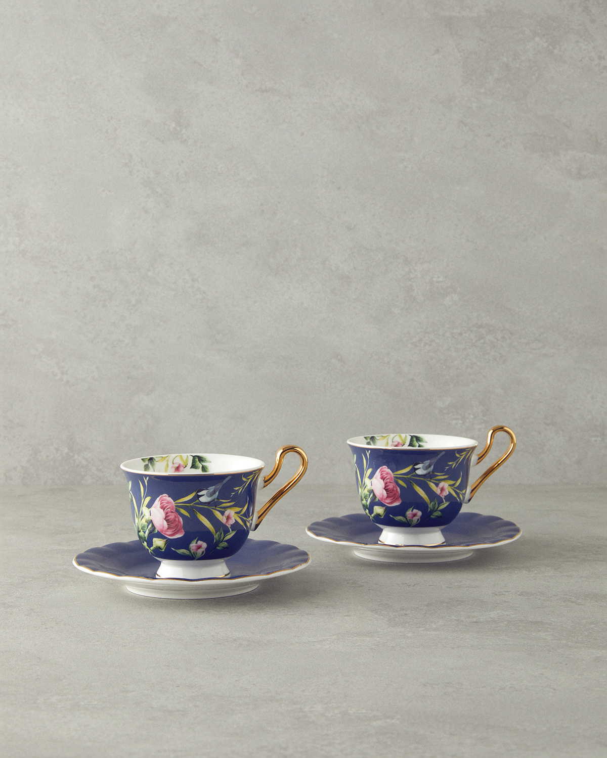 Vanilla New Bone China 4 Pieces 2 Servings Tea Cup Set 220 Ml Navy Blue