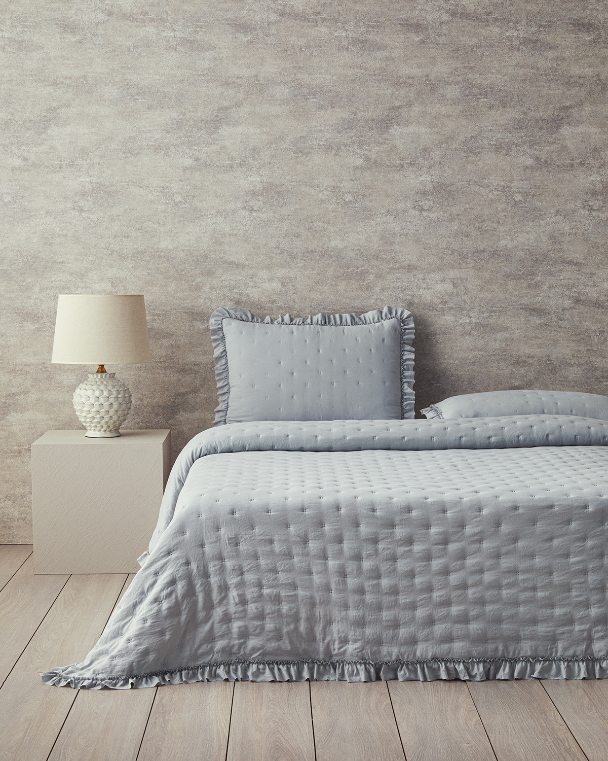 Ruffled Single Size Bed Spread Set 160x220 Cm Gray