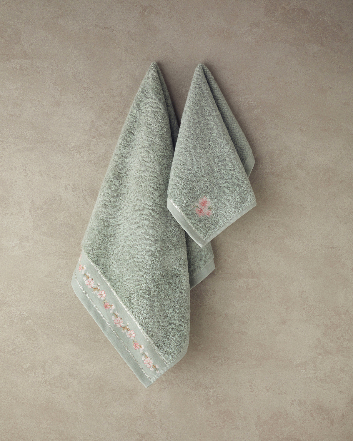 Flower Chain Cotton Embroidered Face Towel Set 30x45+50x80 Cm Sea Green