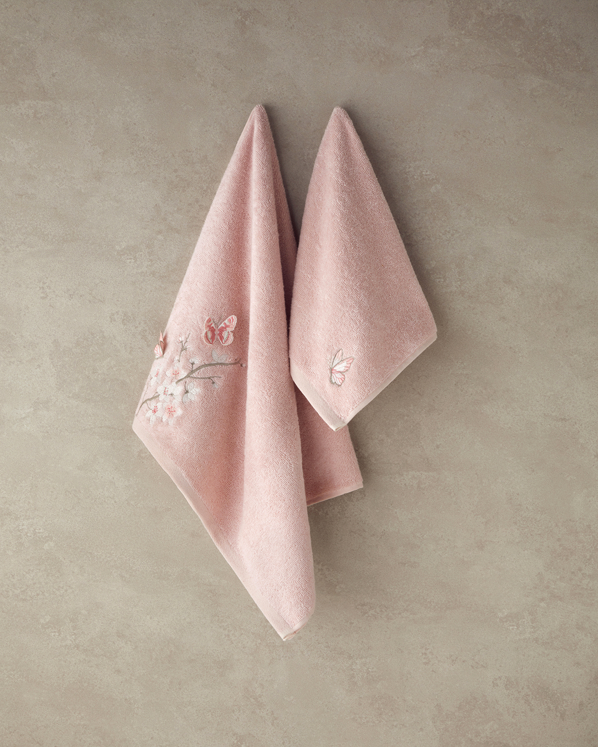 Mariposa Cotton Embroidered Face Towel Set 30x45+50x80 Cm Pınk